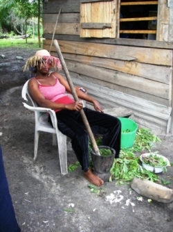 La cuisinière pilant les feuilles de manioc